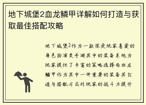 地下城堡2血龙鳞甲详解如何打造与获取最佳搭配攻略