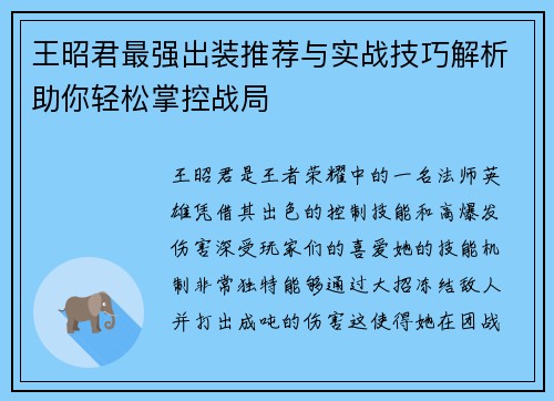 王昭君最强出装推荐与实战技巧解析助你轻松掌控战局